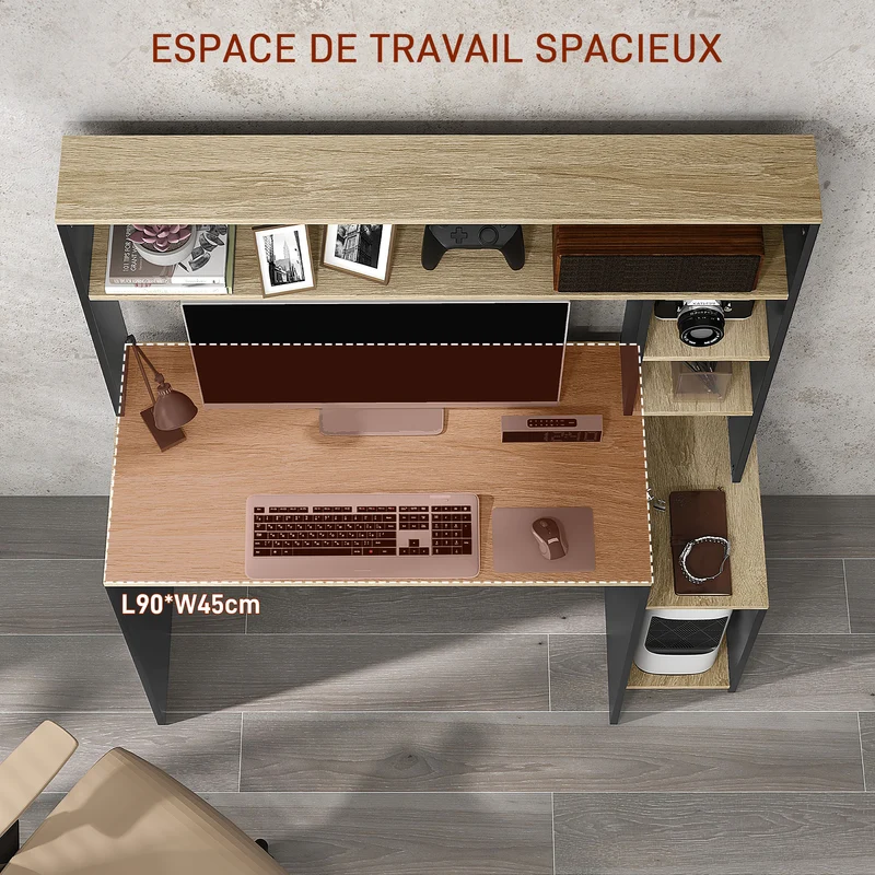 Bureau informatique 114 x 45 x 138 cm plateau rangement étagères support tour style design en panneau de particules gris 21_0006130