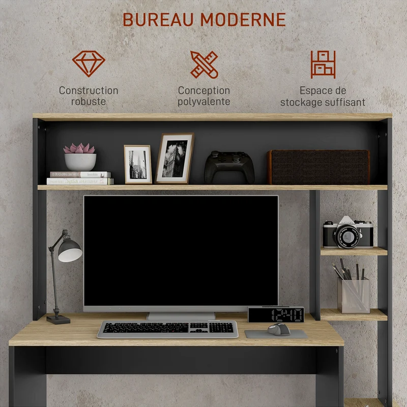 Bureau informatique 114 x 45 x 138 cm plateau rangement étagères support tour style design en panneau de particules gris 21_0006130