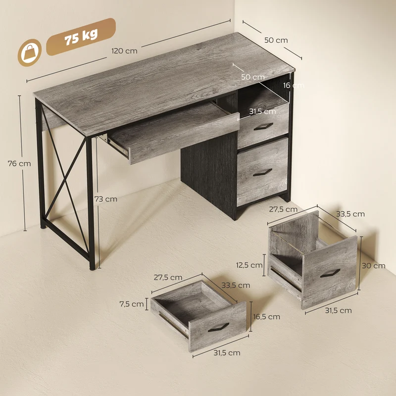 Bureau d'ordinateur 120 x 50 x 76 cm rangement tiroirs plateau coulissant pour clavier moderne épuré en bois gris clair 21_0002565