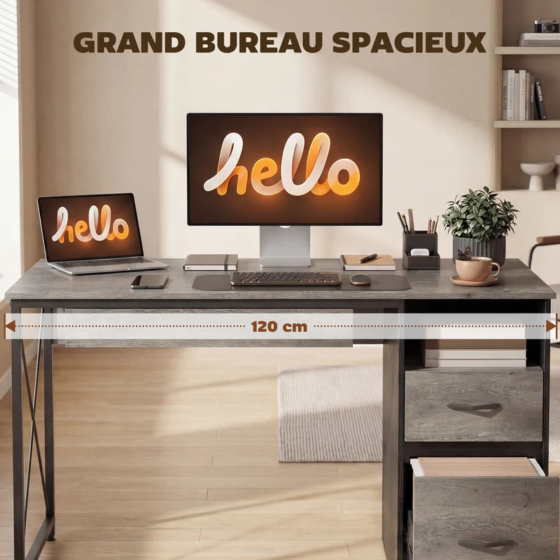 Bureau d'ordinateur 120 x 50 x 76 cm rangement tiroirs plateau coulissant pour clavier moderne épuré en bois gris clair 21_0002565