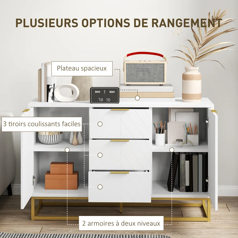 Buffet pour salle à manger 120 x 40 x 76 cm étagères réglables antibasculement contemporain graphique mat en MDF blanc 21_0002624