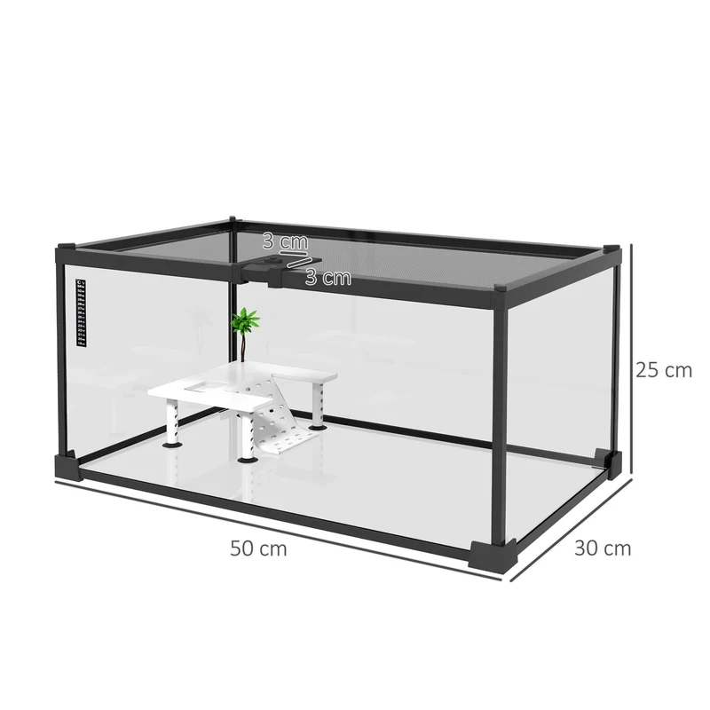 Boîte à reptiles terrarium 50 x 30 x 25 cm bonne ventilation thermomètre inclus design minimaliste en verre trempé noir 21_0007830