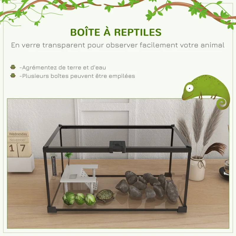 Boîte à reptiles terrarium 50 x 30 x 25 cm bonne ventilation thermomètre inclus design minimaliste en verre trempé noir 21_0007830