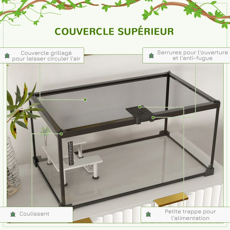 Boîte à reptiles terrarium 50 x 30 x 25 cm bonne ventilation thermomètre inclus design minimaliste en verre trempé noir 21_0007830