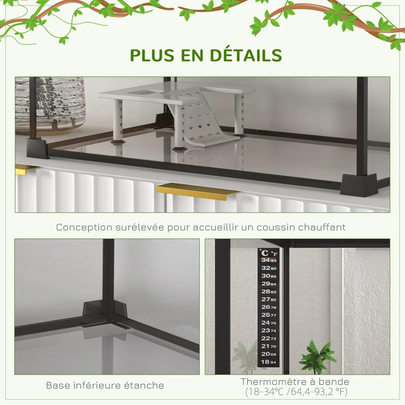 Boîte à reptiles terrarium 50 x 30 x 25 cm bonne ventilation thermomètre inclus design minimaliste en verre trempé noir 21_0007830