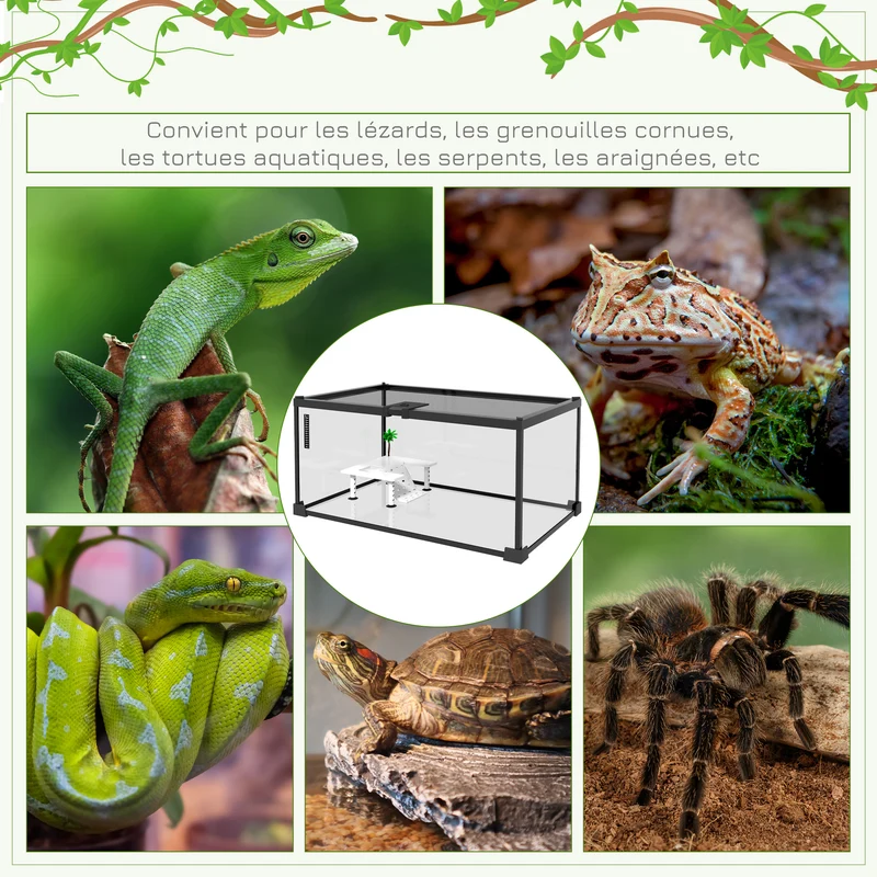 Boîte à reptiles terrarium 50 x 30 x 25 cm bonne ventilation thermomètre inclus design minimaliste en verre trempé noir 21_0007830