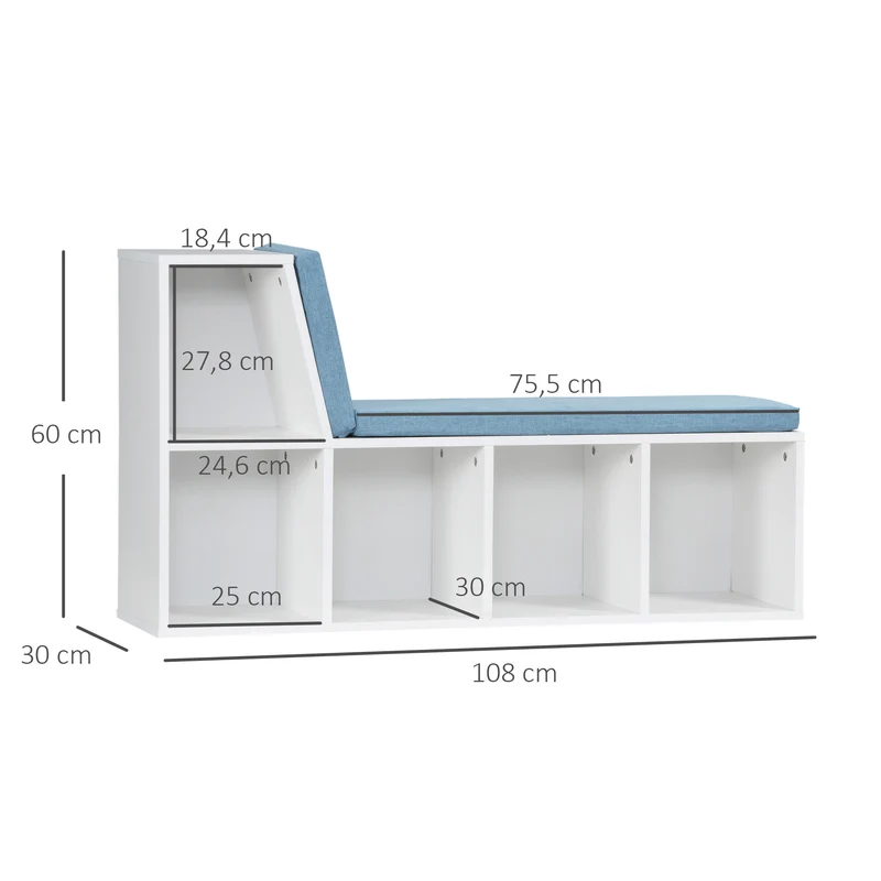 Bibliothèque banc 2 en 1 108 x 30 x 60 cm 5 cases assise mousse confortable entrée moderne en panneau de particules bleu 21_0002486