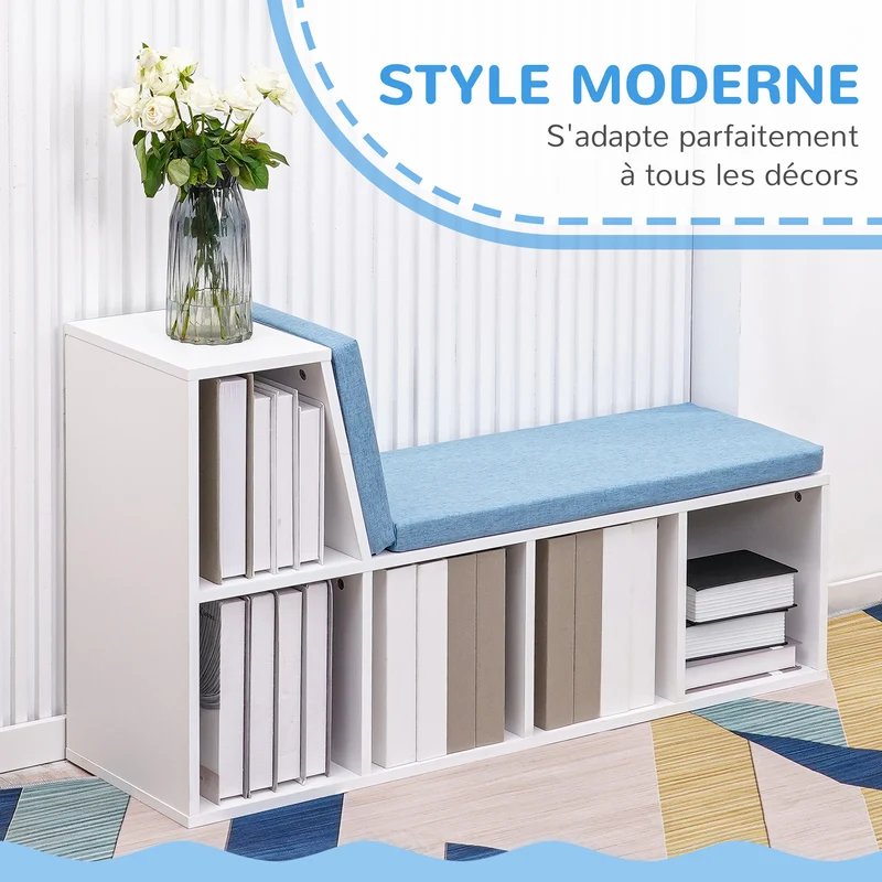 Bibliothèque banc 2 en 1 108 x 30 x 60 cm 5 cases assise mousse confortable entrée moderne en panneau de particules bleu 21_0002486