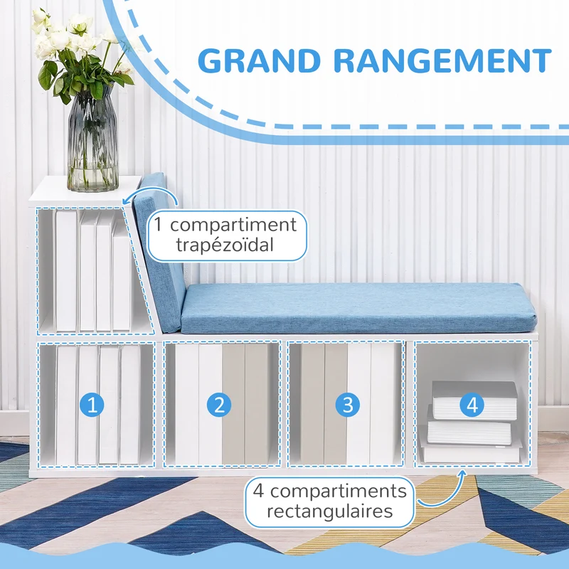Bibliothèque banc 2 en 1 108 x 30 x 60 cm 5 cases assise mousse confortable entrée moderne en panneau de particules bleu 21_0002486
