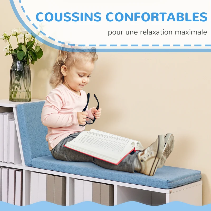 Bibliothèque banc 2 en 1 108 x 30 x 60 cm 5 cases assise mousse confortable entrée moderne en panneau de particules bleu 21_0002486