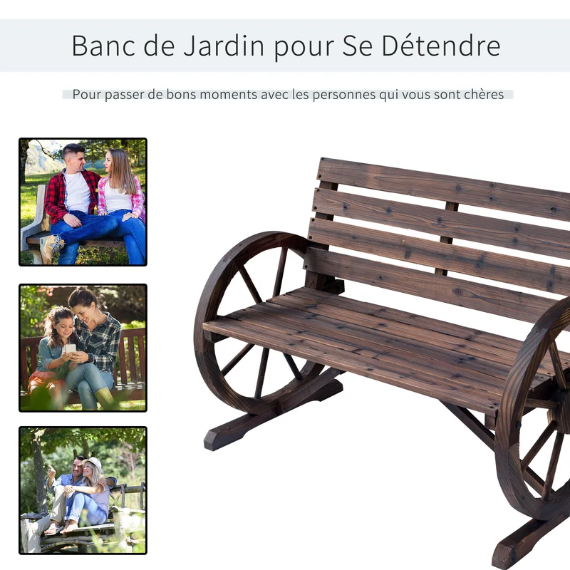 Banc de jardin 3 places 105.5 x 59 x 75 cm assise profonde dossier incliné rustique vintage terrasse en bois marron 21_0004584