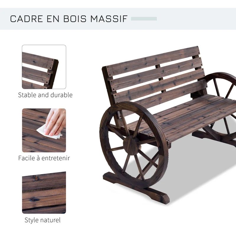 Banc de jardin 3 places 105.5 x 59 x 75 cm assise profonde dossier incliné rustique vintage terrasse en bois marron 21_0004584