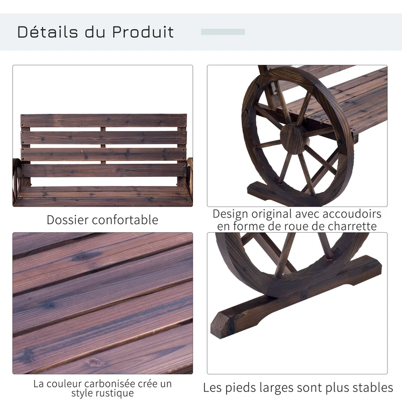 Banc de jardin 3 places 105.5 x 59 x 75 cm assise profonde dossier incliné rustique vintage terrasse en bois marron 21_0004584