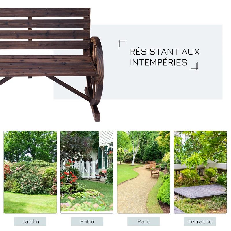 Banc de jardin 3 places 105.5 x 59 x 75 cm assise profonde dossier incliné rustique vintage terrasse en bois marron 21_0004584