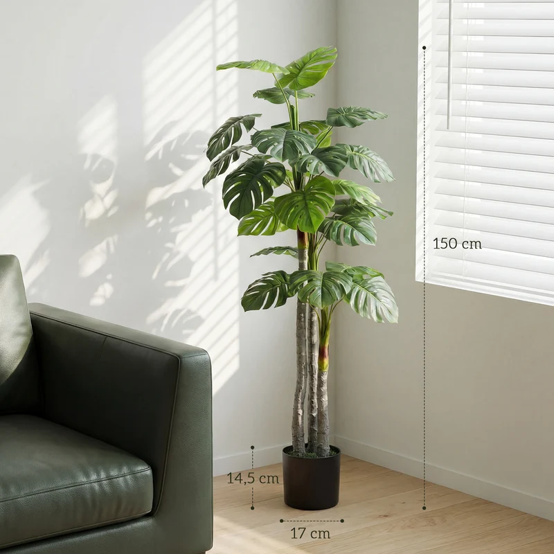 Arbre artificiel monstera déco salon 45 x 150 cm feuillage réaliste sans entretien moderne tendance en plastique vert 21_0001239