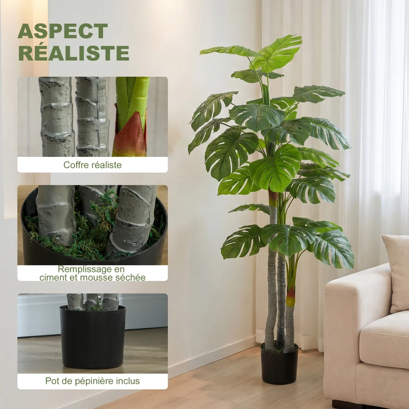 Arbre artificiel monstera déco salon 45 x 150 cm feuillage réaliste sans entretien moderne tendance en plastique vert 21_0001239