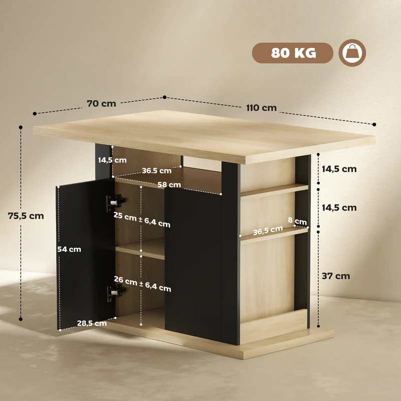 Table à manger îlot central 110 x 70 x 75,5 cm 4 personnes rangements style épuré stable en panneau de particules noir 21_0002334