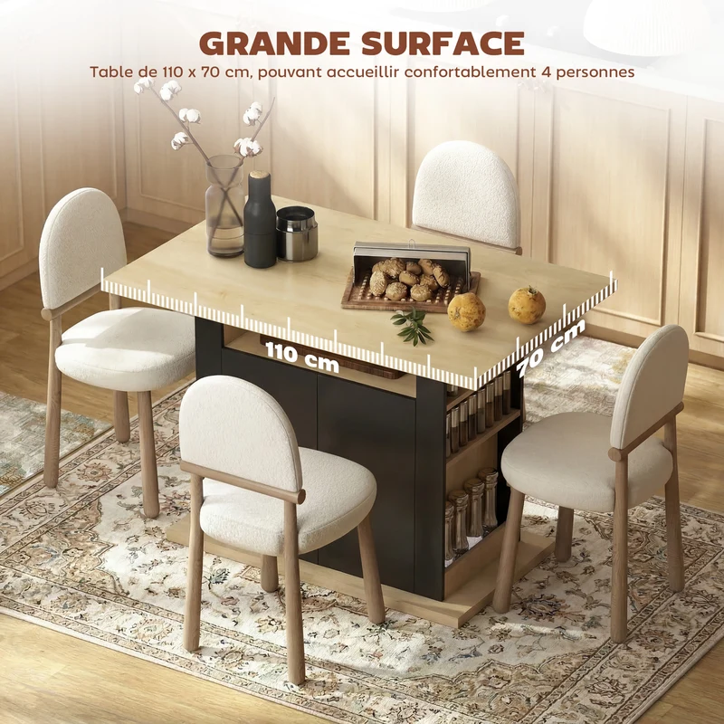 Table à manger îlot central 110 x 70 x 75,5 cm 4 personnes rangements style épuré stable en panneau de particules noir 21_0002334