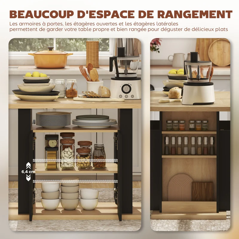 Table à manger îlot central 110 x 70 x 75,5 cm 4 personnes rangements style épuré stable en panneau de particules noir 21_0002334