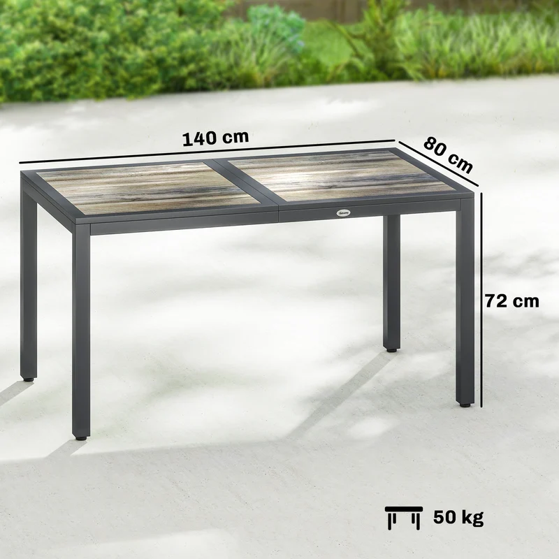 Table de jardin 140 x 80 x 72 cm pour 4 à 6 personnes plateau effet bois style contemporain en acier galvanisé gris foncé 21_0005743