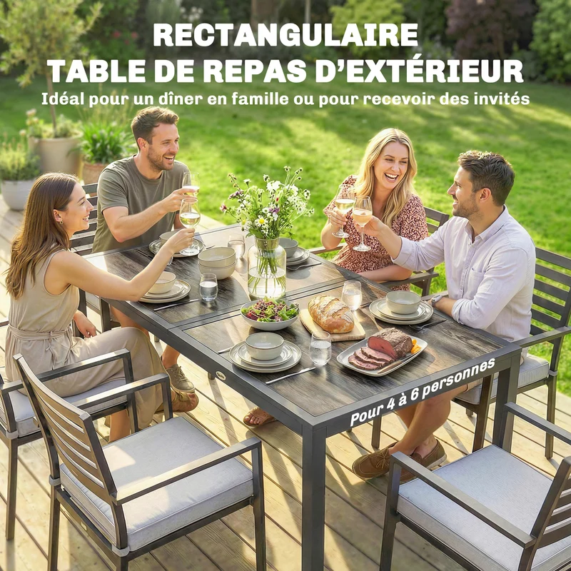 Table de jardin 140 x 80 x 72 cm pour 4 à 6 personnes plateau effet bois style contemporain en acier galvanisé gris foncé 21_0005743