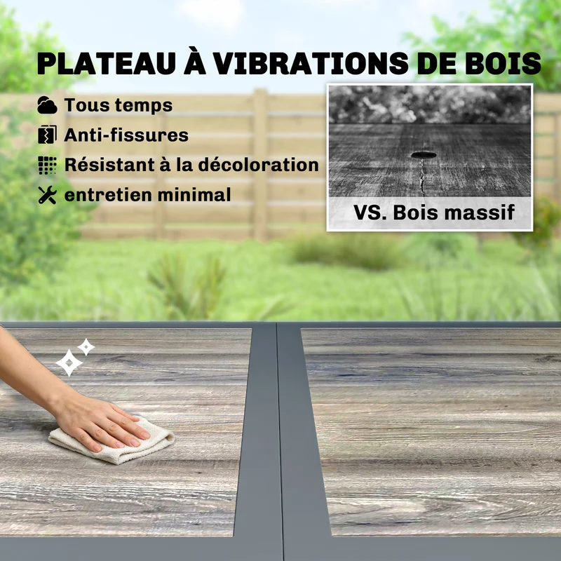 Table de jardin 140 x 80 x 72 cm pour 4 à 6 personnes plateau effet bois style contemporain en acier galvanisé gris foncé 21_0005743