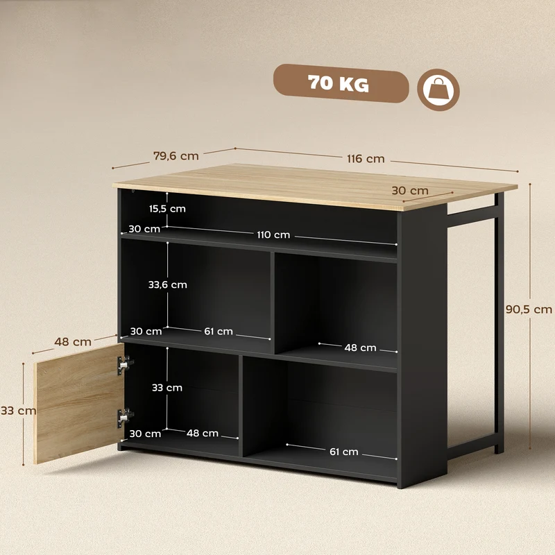 Table de bar extensible 116 x 79.6 x 90.5 cm rangement placard et étagères moderne épuré en panneau de particules noir 21_0003372