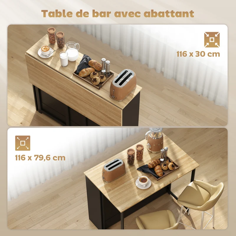Table de bar extensible 116 x 79.6 x 90.5 cm rangement placard et étagères moderne épuré en panneau de particules noir 21_0003372