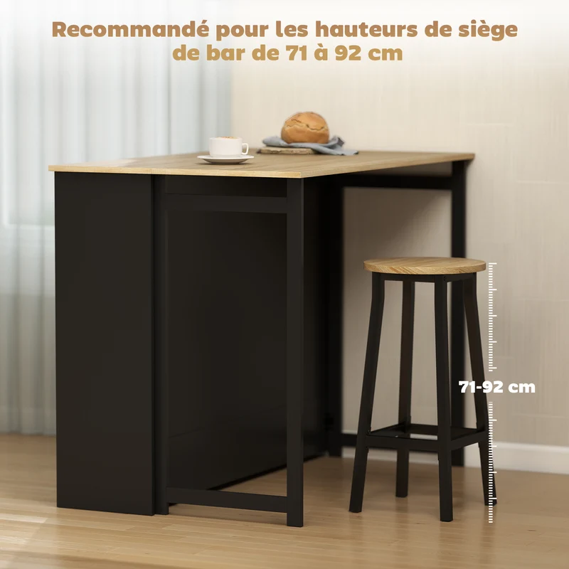 Table de bar extensible 116 x 79.6 x 90.5 cm rangement placard et étagères moderne épuré en panneau de particules noir 21_0003372