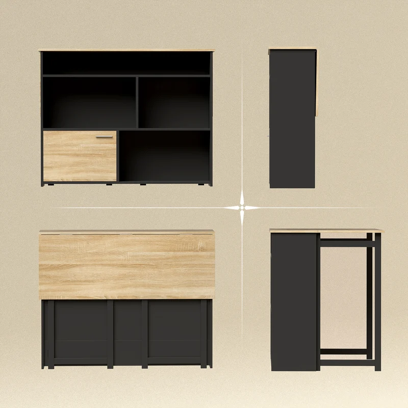 Table de bar extensible 116 x 79.6 x 90.5 cm rangement placard et étagères moderne épuré en panneau de particules noir 21_0003372