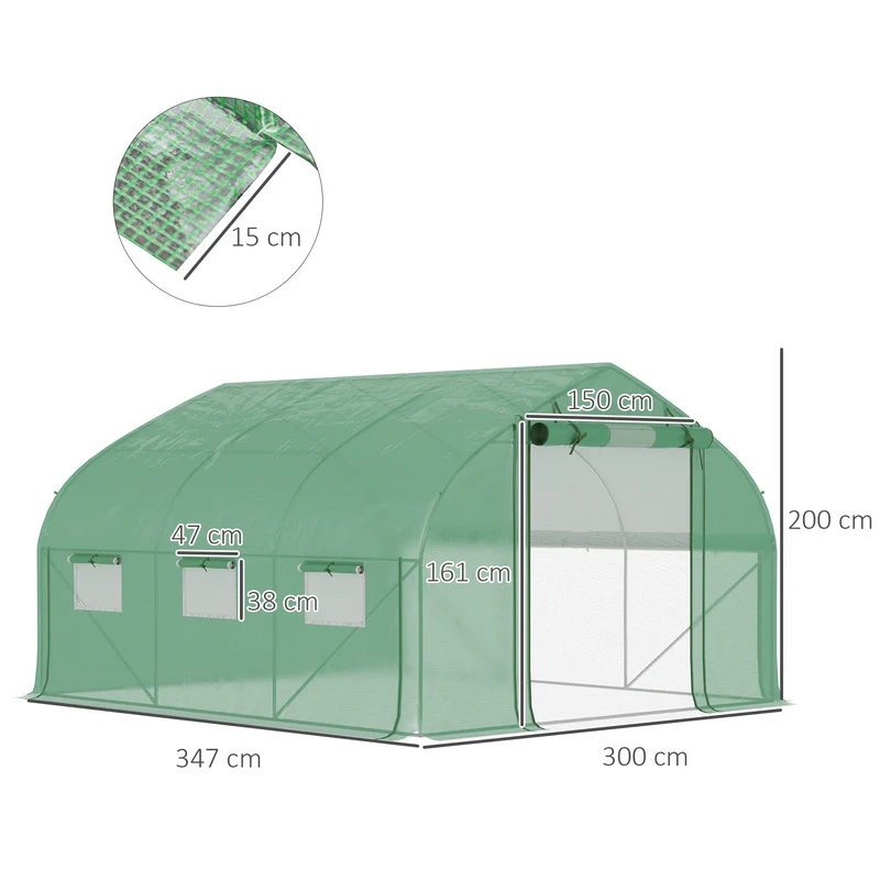 Serre tunnel de jardin 347 x 300 x 200 cm anti uv ventilation réglable porte zippée contemporain en polyéthylène vert 21_0004276