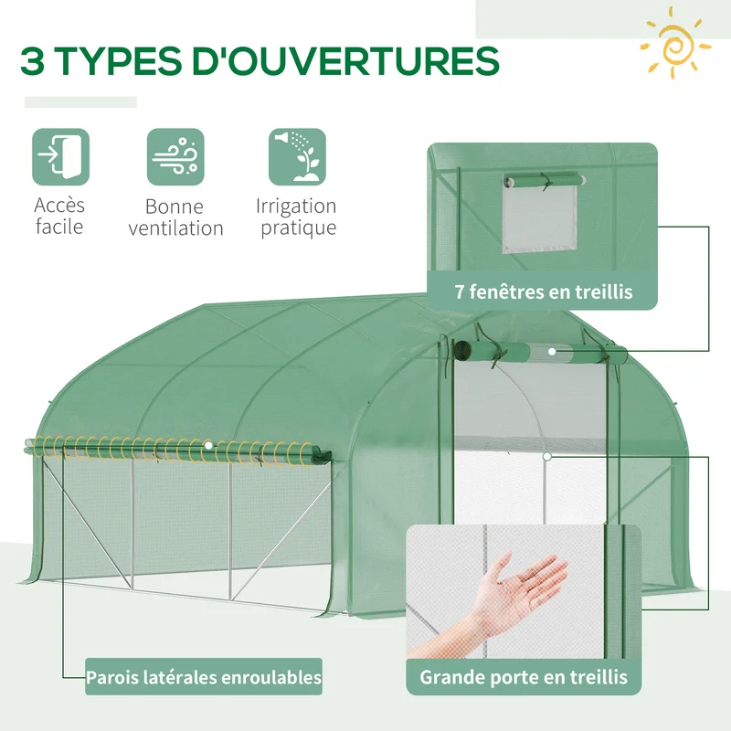 Serre tunnel de jardin 347 x 300 x 200 cm anti uv ventilation réglable porte zippée contemporain en polyéthylène vert 21_0004276