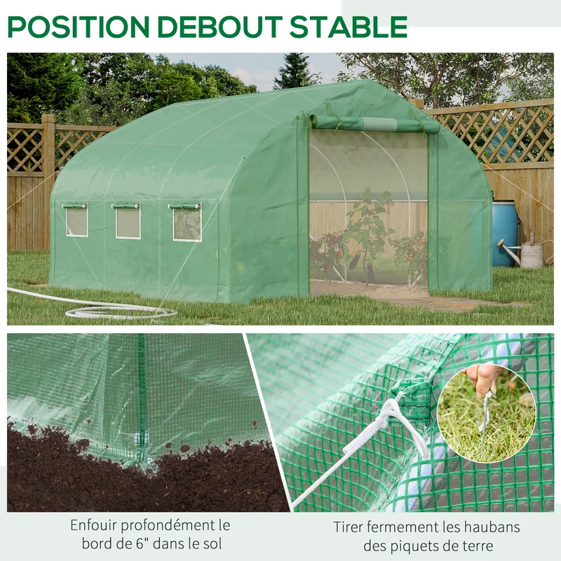 Serre tunnel de jardin 347 x 300 x 200 cm anti uv ventilation réglable porte zippée contemporain en polyéthylène vert 21_0004276