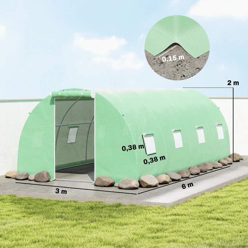 Serre de jardin tunnel 600 x 300 x 200 cm protection contre intempéries et oiseaux porte zippée contemporain en pe vert 21_0004249