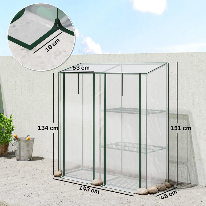 Serre de jardin 143 x 45 x 151 cm 3 étagères 2 portes jardin terrasse moderne épuré finition mate en PVC transparent 21_0005640
