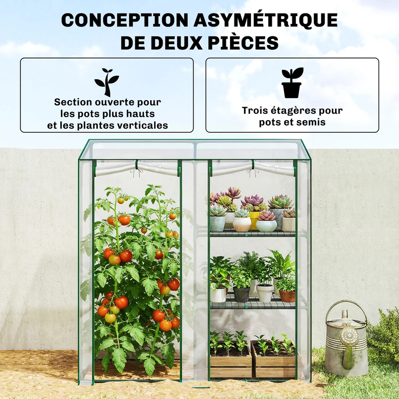 Serre de jardin 143 x 45 x 151 cm 3 étagères 2 portes jardin terrasse moderne épuré finition mate en PVC transparent 21_0005640