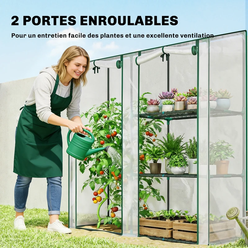 Serre de jardin 143 x 45 x 151 cm 3 étagères 2 portes jardin terrasse moderne épuré finition mate en PVC transparent 21_0005640