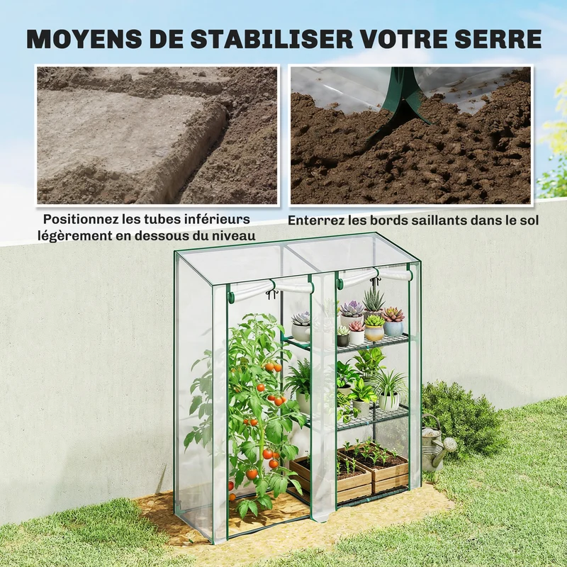 Serre de jardin 143 x 45 x 151 cm 3 étagères 2 portes jardin terrasse moderne épuré finition mate en PVC transparent 21_0005640