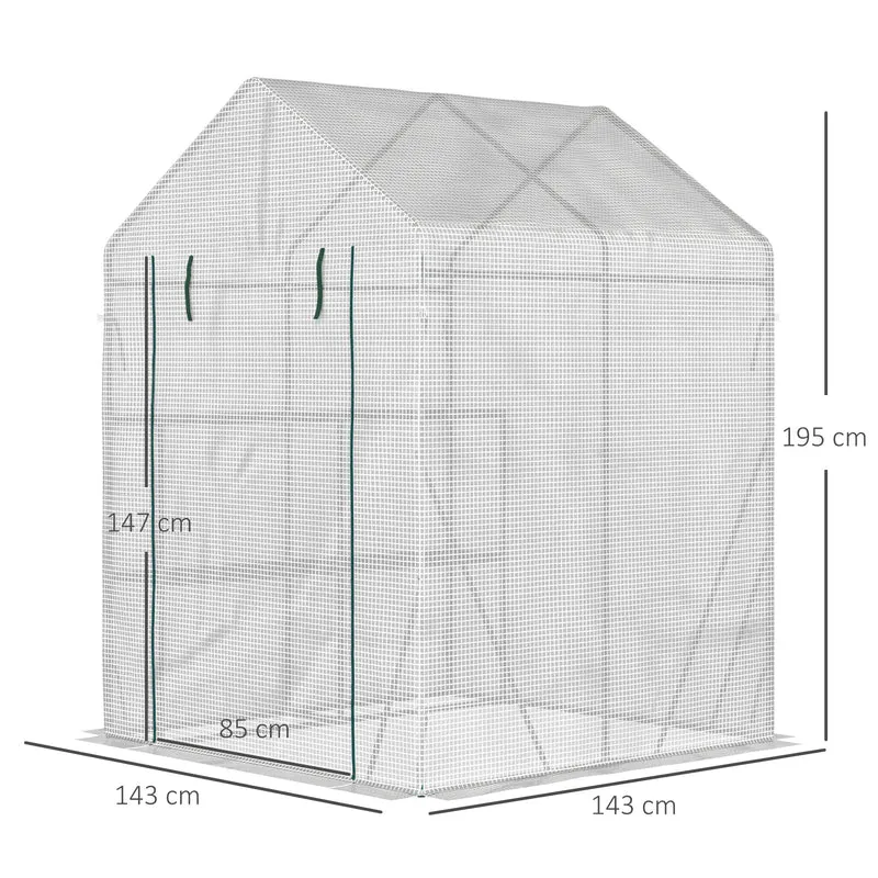 Serre de balcon 143 x 143 x 195 cm 2 étagères latérales porte zippée contemporain épuré jardin en polyéthylène blanc 21_0004250