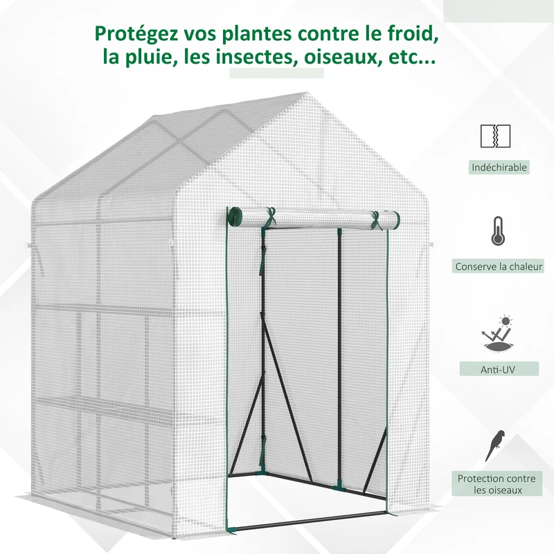 Serre de balcon 143 x 143 x 195 cm 2 étagères latérales porte zippée contemporain épuré jardin en polyéthylène blanc 21_0004250