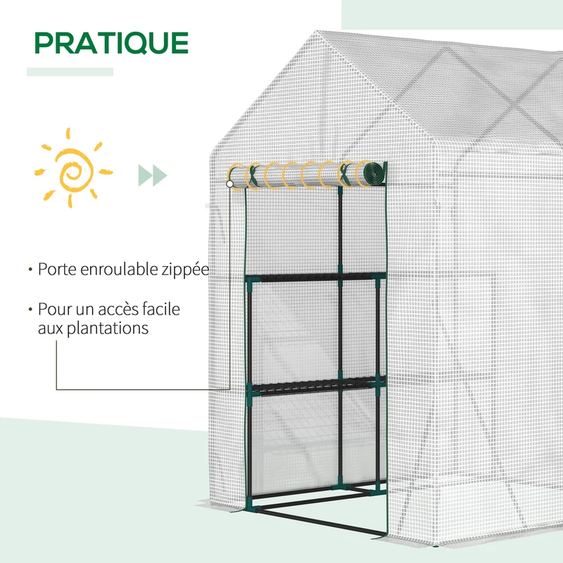 Serre de balcon 143 x 143 x 195 cm 2 étagères latérales porte zippée contemporain épuré jardin en polyéthylène blanc 21_0004250