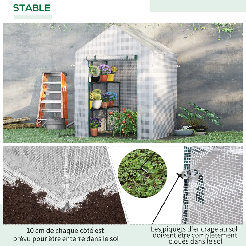 Serre de balcon 143 x 143 x 195 cm 2 étagères latérales porte zippée contemporain épuré jardin en polyéthylène blanc 21_0004250