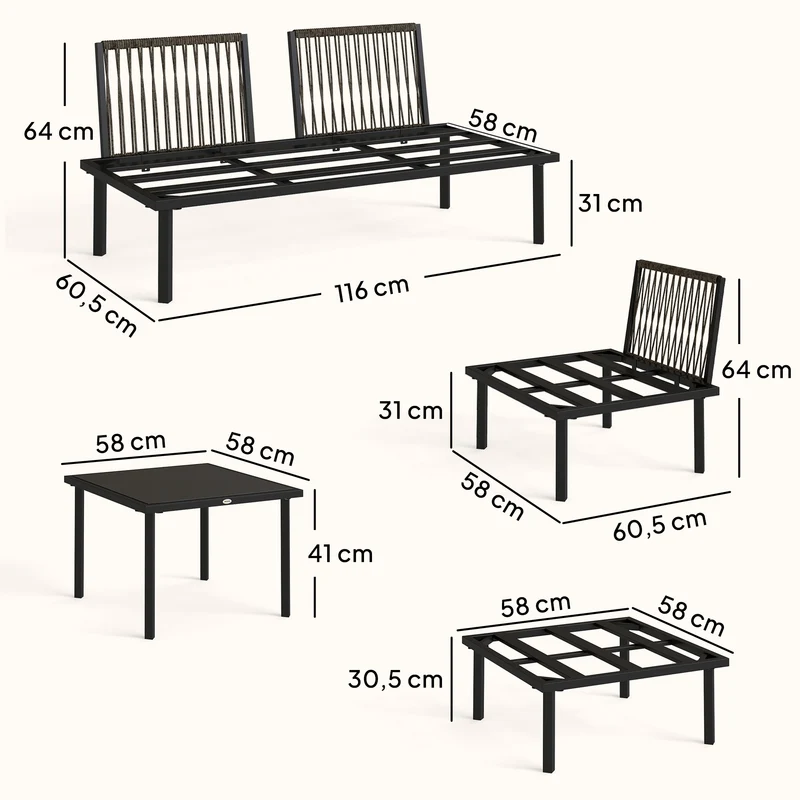 Salon de jardin extérieur d'angle modulable 116 x 60,5 x 64 cm coussins amovibles cosy contemporain en métal gris clair 21_0005367