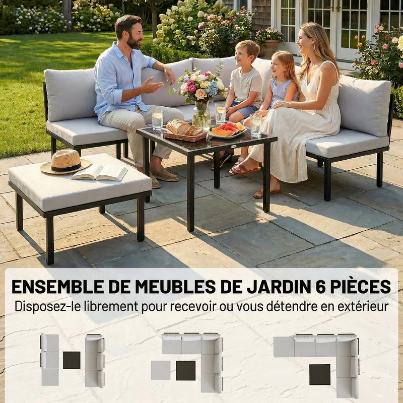Salon de jardin extérieur d'angle modulable 116 x 60,5 x 64 cm coussins amovibles cosy contemporain en métal gris clair 21_0005367