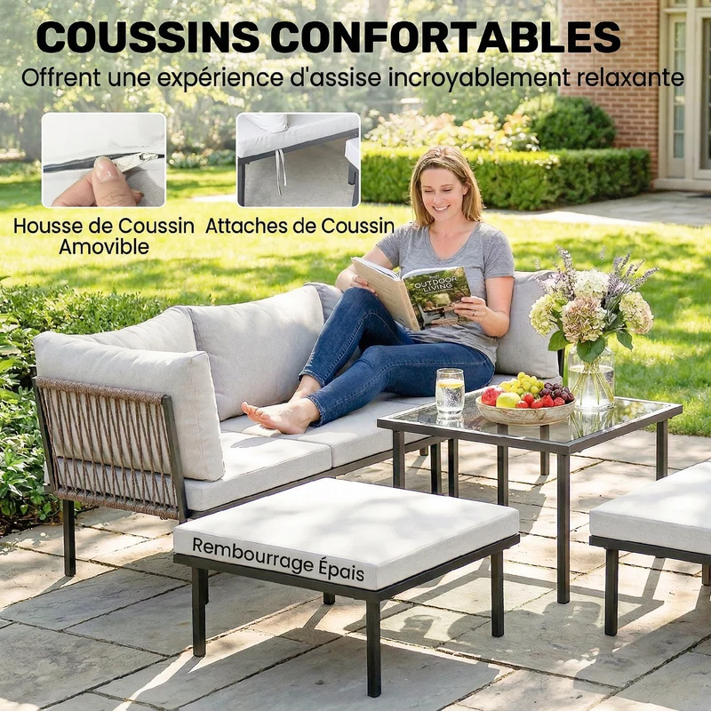 Salon de jardin extérieur d'angle modulable 116 x 60,5 x 64 cm coussins amovibles cosy contemporain en métal gris clair 21_0005367