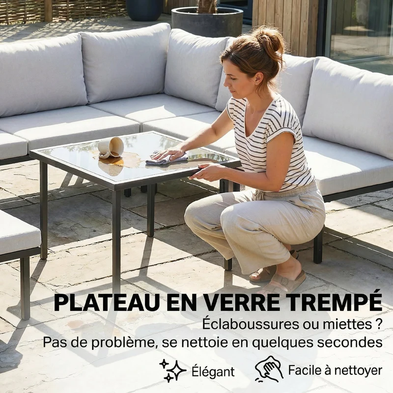 Salon de jardin extérieur d'angle modulable 116 x 60,5 x 64 cm coussins amovibles cosy contemporain en métal gris clair 21_0005367