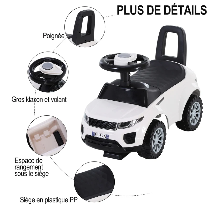 Porteur voiture pour enfant 62 x 28 x 41,5 cm stabilité et coffre rangement apprentissage équilibre design en PP blanc 21_0000449