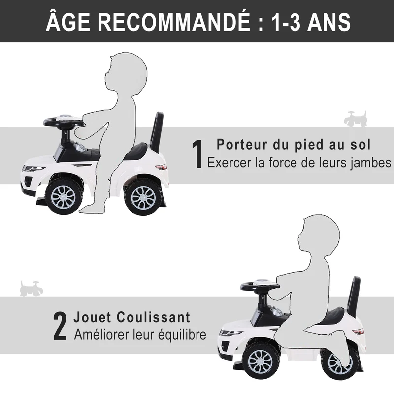 Porteur voiture pour enfant 62 x 28 x 41,5 cm stabilité et coffre rangement apprentissage équilibre design en PP blanc 21_0000449