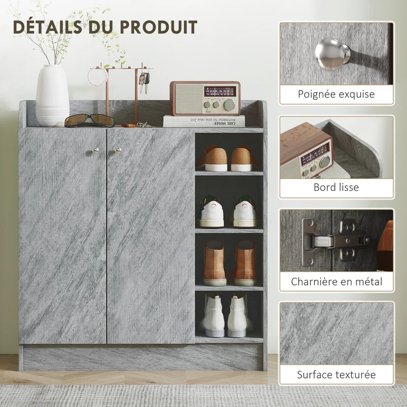 Meuble à chaussures entrée 83 x 30 x 90 cm étagères réglables rangement moderne épuré en panneau de particules gris 21_0002773