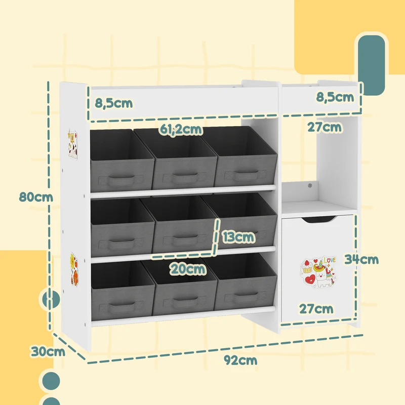 Meuble rangement enfant étagère 4 niveaux 92 x 30 x 80 cm 9 tiroirs placard espace ouvert sécurité moderne en MDF blanc 21_0000158
